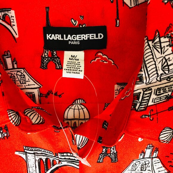 NEW Karl Lagerfeld Women's Medium Eiffel Tower Red Button Up Blouse Top NWOT - Picture 2 of 6